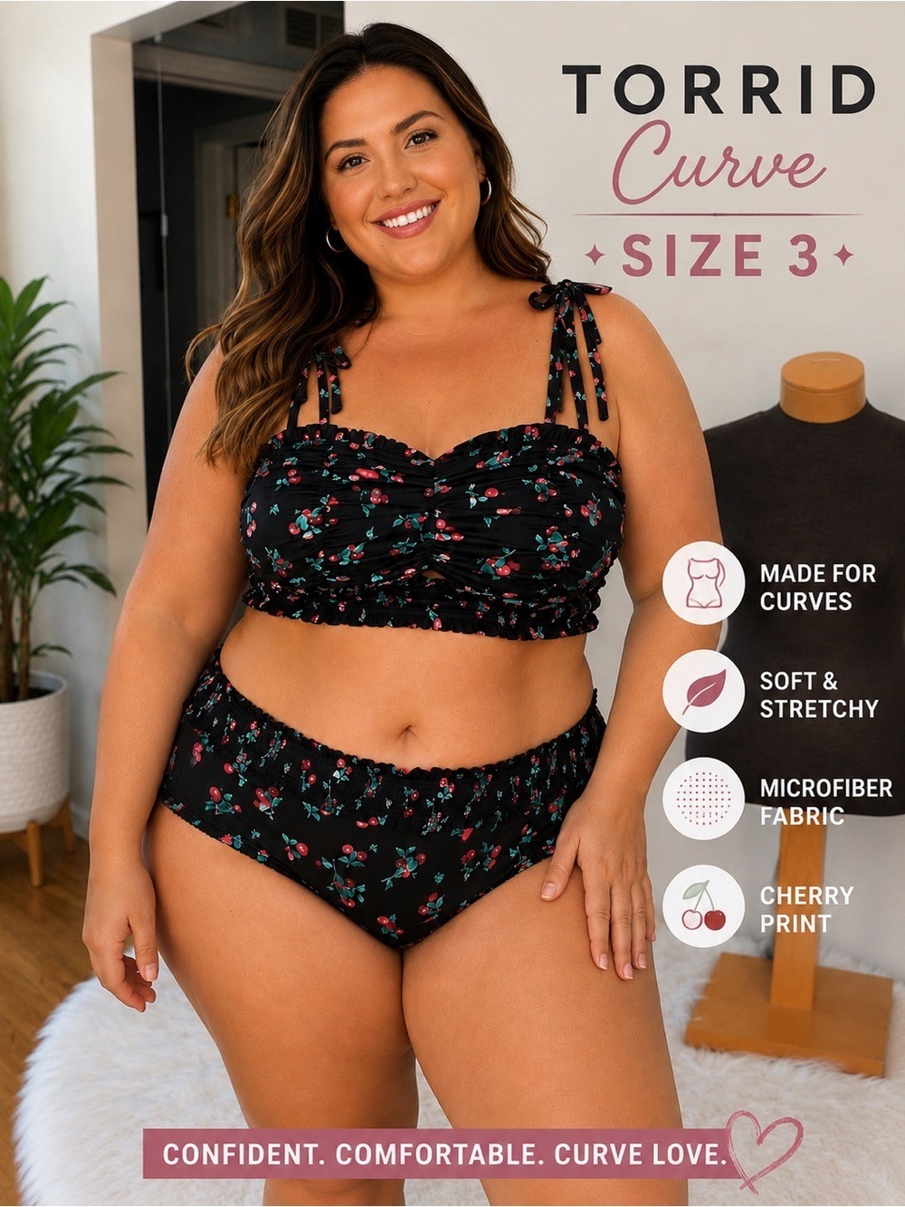 Torrid Curve Cherry Print Bralette & Hipster Panty Set – Size 3 – NWT